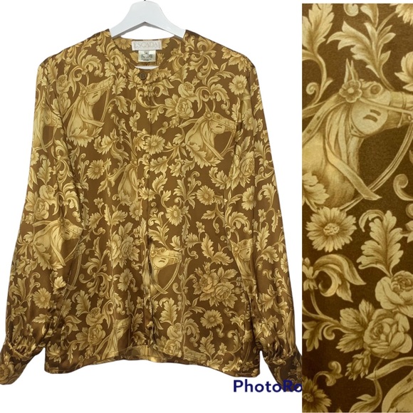 Escada Silk Gold Equestrian Floral Print Blouse Sz 40 Sz Medium - Picture 13 of 13